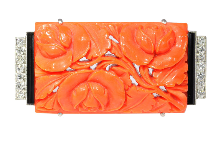 Broche Broche Art Déco Diamants Onyx Corail Sanguin 58 Facettes 23277-0093