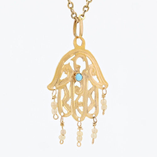Pendentif Pendentif main de Fatma or perles et pierre turquoise 58 Facettes 18-008A
