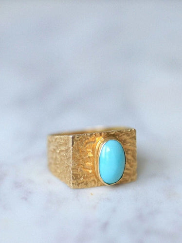 Bague chevalière or martelé et turquoise 58 Facettes