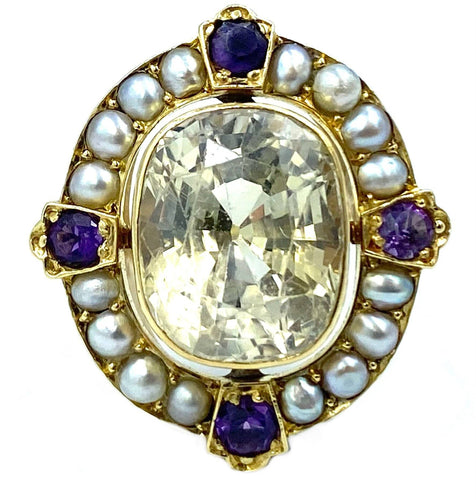 Bague Bague 19ème or saphir jaune, améthystes et perles fines 58 Facettes