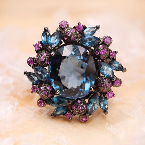 Bague 53 Bague topazes et saphirs roses en argent noirci 58 Facettes 23-297