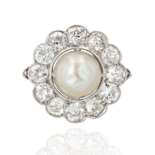 Bague 51 Bague ancienne perle fine et diamants en marguerite 58 Facettes 22-096