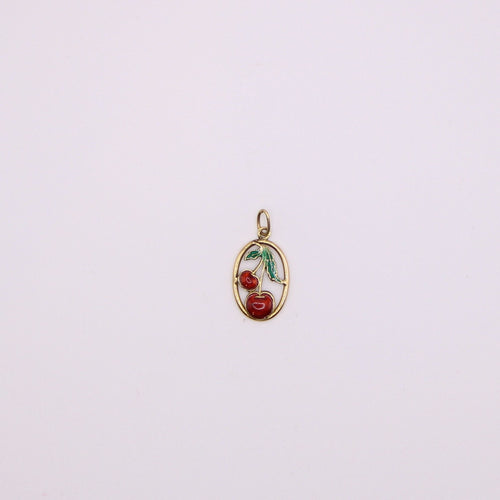 Pendentif Pendentif or jaune motif ovale avec une cerise en émail 58 Facettes
