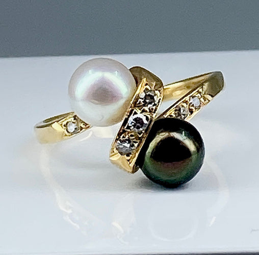 Bague 50.5 Bague en or jaune 18 carats, perle de Tahiti, perle de culture blanche et diamants 58 Facettes AB264