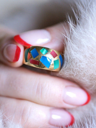 Bague jonc vintage en or jaune et mosaïque, Alain Clozeau 58 Facettes