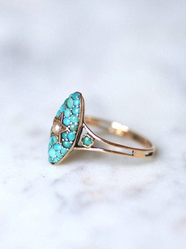 Bague marquise ancienne étoile, or rose, turquoises et perle 58 Facettes