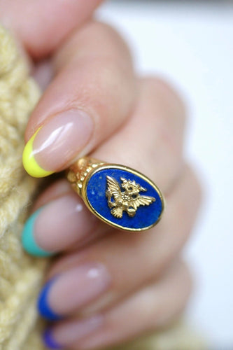 Bague Chevalière maçonnique aigle Russe à deux têtes en or et lapis-lazuli 58 Facettes