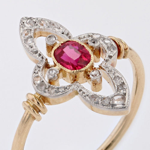 Bague 56 Bague ancienne rubis diamants trèfle élancé 58 Facettes 22-567