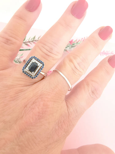 Bague 61 Bague rectangulaire à pans coupés Saphirs Diamants 58 Facettes AA 1591