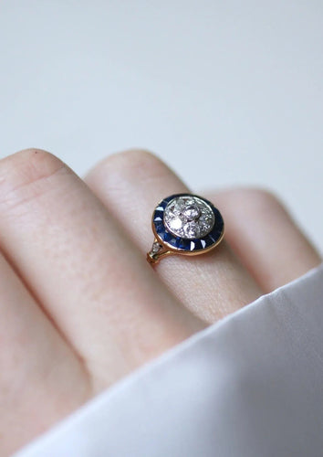 Bague 54 Bague cible Art Déco Or jaune Platine Diamants Saphirs 58 Facettes