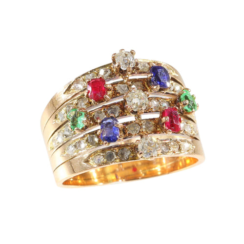 Bague 59 Une bague victorienne en pierres précieuses vieille de 140 ans - saphirs, rubis, émeraudes 58 Facettes 23360-0334