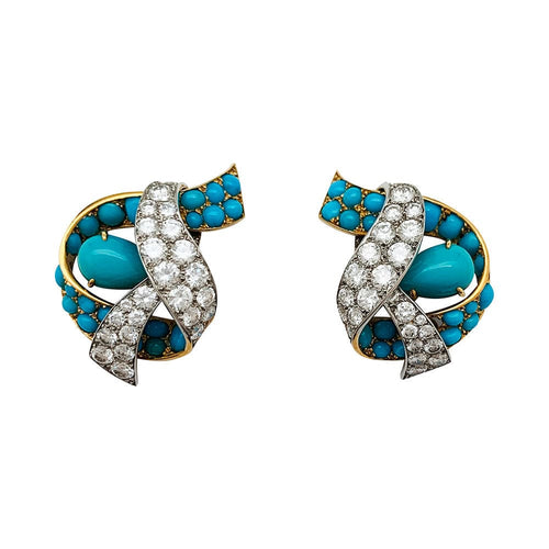 Boucles d'oreilles Parure Cartier Paris, turquoises et diamants. 58 Facettes 30646/30347