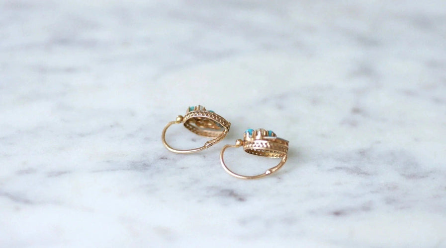 Boucles d'oreilles Dormeuses or rose, perles, turquoises et diamants 58 Facettes