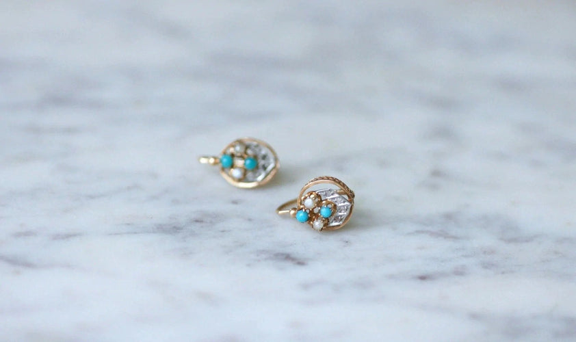 Boucles d'oreilles Dormeuses or rose, perles, turquoises et diamants 58 Facettes