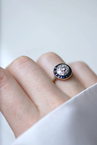 Bague 54 Bague cible Art Déco Or jaune Platine Diamants Saphirs 58 Facettes