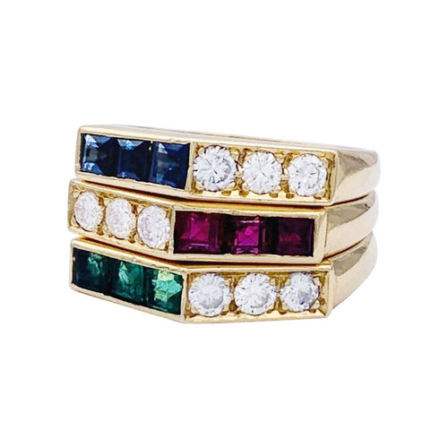 Bague 50 Ensemble de 3 bagues, or jaune, saphirs, rubis, émeraudes, diamants. 58 Facettes 32922
