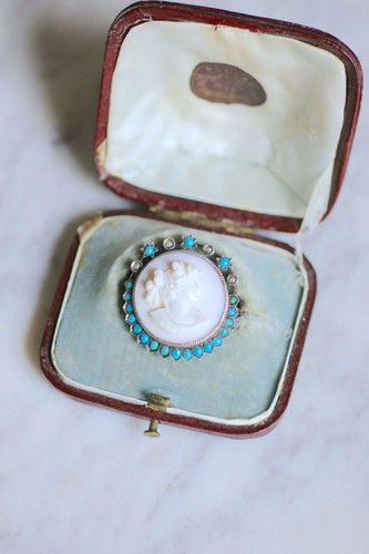 Broche ancienne Autrichienne camée coquille rose, turquoises, et perles sur argent 58 Facettes