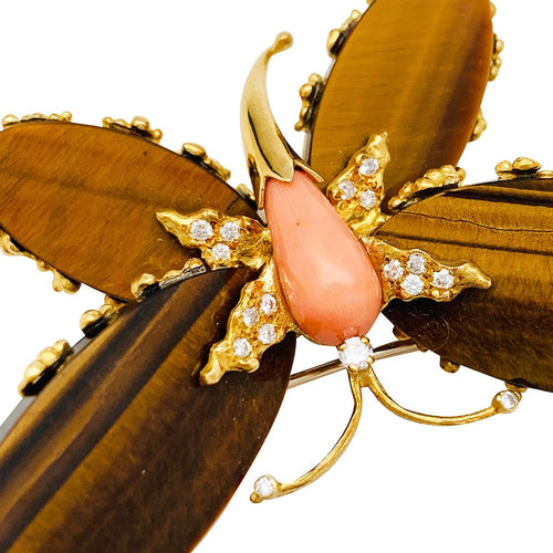Broche Broche Papillon Fred, or jaune, corail, diamants et oeil de tigre. 58 Facettes 30760
