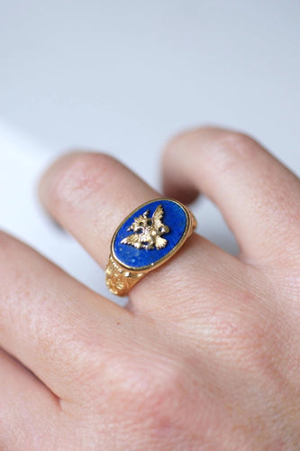 Bague Chevalière maçonnique aigle Russe à deux têtes en or et lapis-lazuli 58 Facettes
