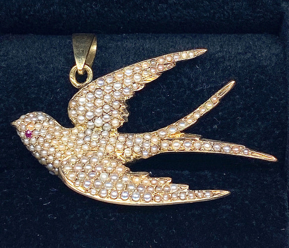 Pendentif Pendentif hirondelle perles fines rubis Napoléon III 58 Facettes