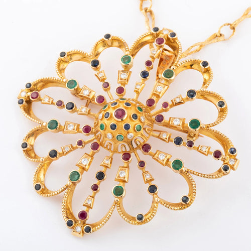 Pendentif Pendentif et broche or jaune du créateur grec Lalaounis ornée de pierres précieuses 58 Facettes