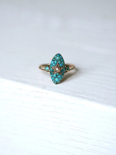 Bague marquise ancienne étoile, or rose, turquoises et perle 58 Facettes