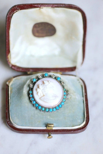 Broche ancienne Autrichienne camée coquille rose, turquoises, et perles sur argent 58 Facettes