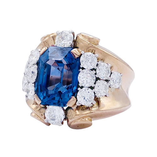 Bague 57 Bague vintage "Tank" saphir, diamants, or jaune et platine. 58 Facettes 32531