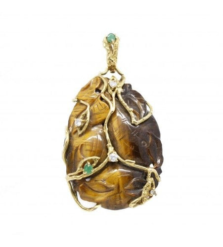 Pendentif Dimensions : 7 cm x 4 cm / Jaune / Or 750 Pendentif Oeil de Tigre Diamants Et Emeraudes 58 Facettes 150302R