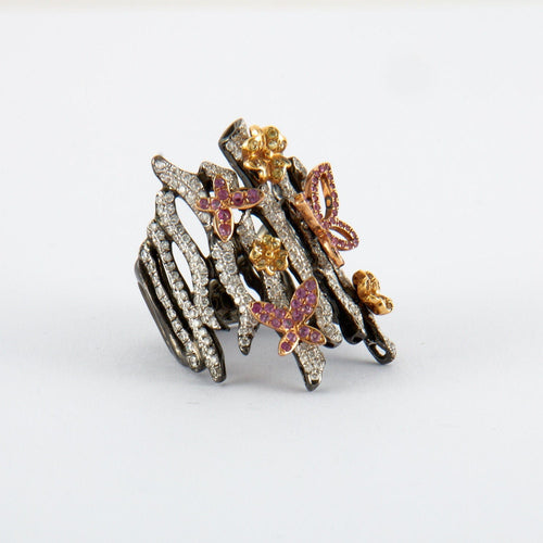 Bague 54 Bague Branche Papillons Saphirs roses et jaunes Diamants 58 Facettes 1.9127