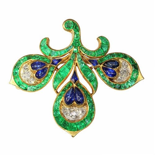 Broche Broche Fleur de Lys Antique Français, Essence Verte Intense (émeraudes, saphirs, diamants) 58 Facettes 23167-0365