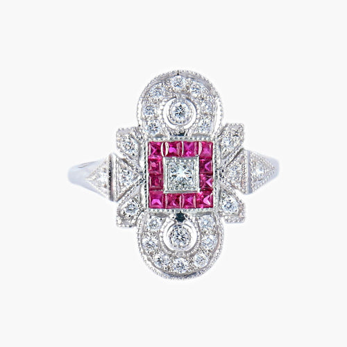 Bague 51 Bague style Art Déco Diamants et Rubis 58 Facettes