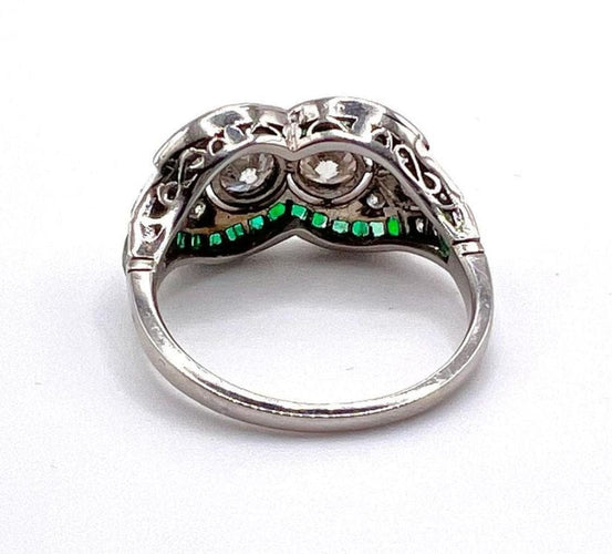 Bague Bague style Art Déco Platine Diamants et Emeraudes. 58 Facettes
