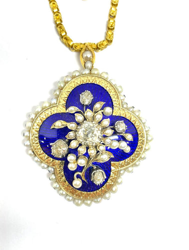 Collier Parure Napoléon lll or jaune, diamants, perles fines et décor émail bleu 58 Facettes