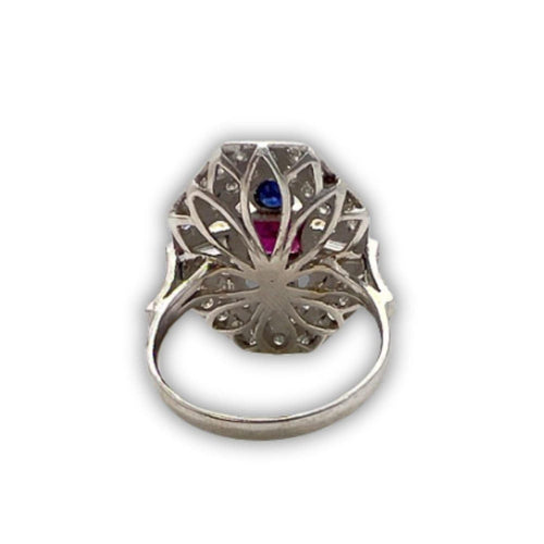 Bague 57.5 Bague de style Art Déco en platine 950 avec saphirs et rubis 58 Facettes Q11B