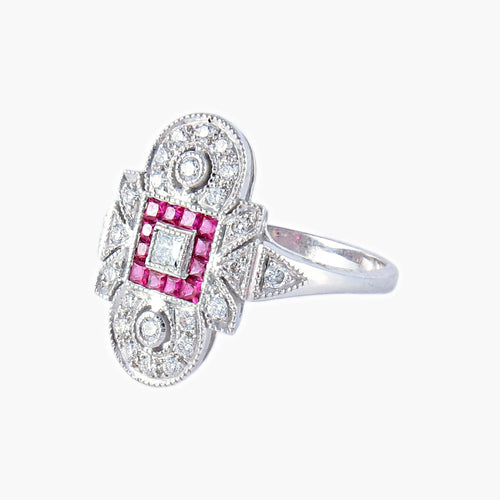 Bague 51 Bague style Art Déco Diamants et Rubis 58 Facettes
