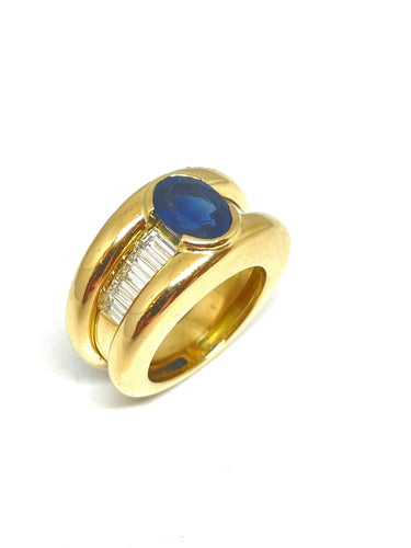 Bague Bague or jaune saphir ovale et diamants baguettes 58 Facettes