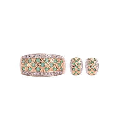 Bague 54 Parure Bague et boucles d’oreilles motif treillis diamants et émeraudes 58 Facettes