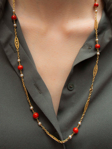 Collier Sautoir Perles et boules de Corail 58 Facettes