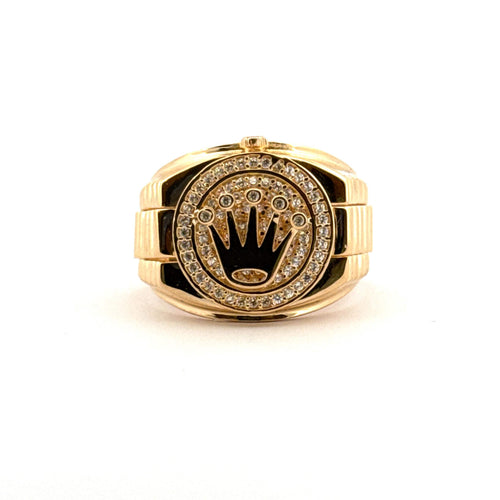 Bague 63 Chevalière couronne en or jaune 18 carats et zirconium 58 Facettes