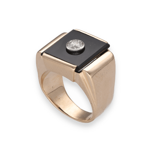 Bague 53 Bague Chevalière Diamant, Onyx & Or Rose 58 Facettes