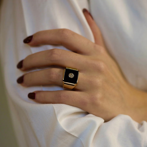 Bague 53 Bague Chevalière Diamant, Onyx & Or Rose 58 Facettes