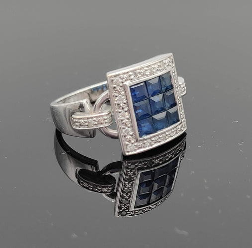 Bague 54 Bague or gris avec saphirs en serti mystérieux et diamants 58 Facettes