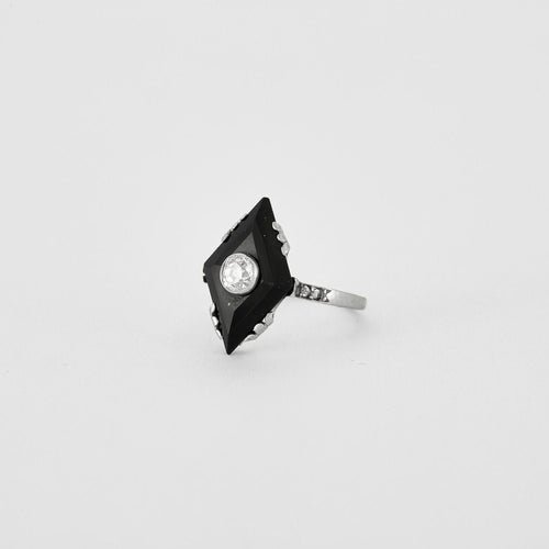 Bague 53 Bague Art Déco Or blanc Diamant Onyx 58 Facettes