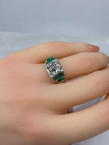 Bague 52 Bague Art Déco Platine, Diamant 1,55cts et Emeraudes 58 Facettes