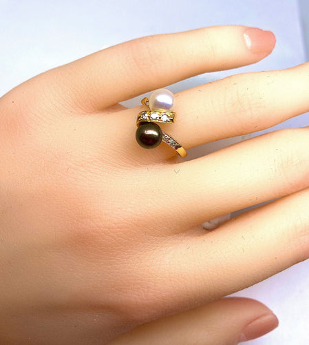 Bague 50.5 Bague en or jaune 18 carats, perle de Tahiti, perle de culture blanche et diamants 58 Facettes AB264
