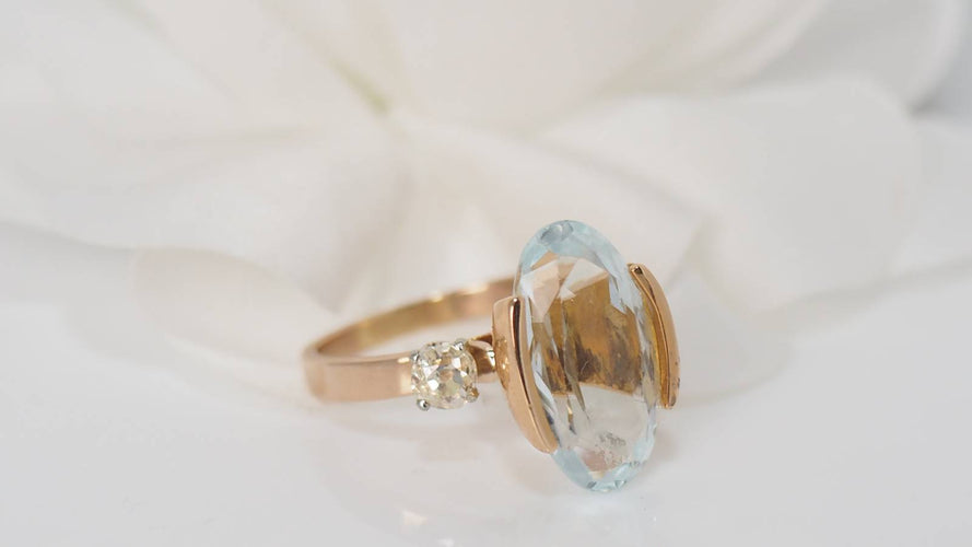 Bague 55.5 Bague vintage en or jaune, aigue marine et diamants 58 Facettes 30670