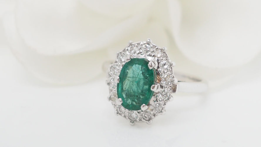 Bague 53 Bague marguerite Or blanc Emeraude Diamants 58 Facettes 32514