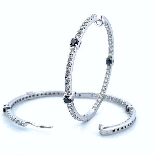 Boucles d'oreilles Créoles or blanc diamants blancs et noirs 58 Facettes