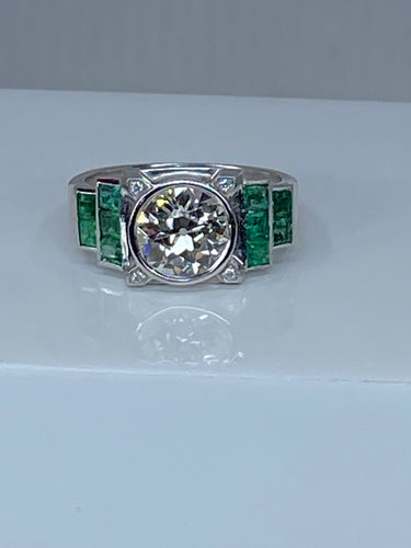 Bague 52 Bague Art Déco Platine, Diamant 1,55cts et Emeraudes 58 Facettes
